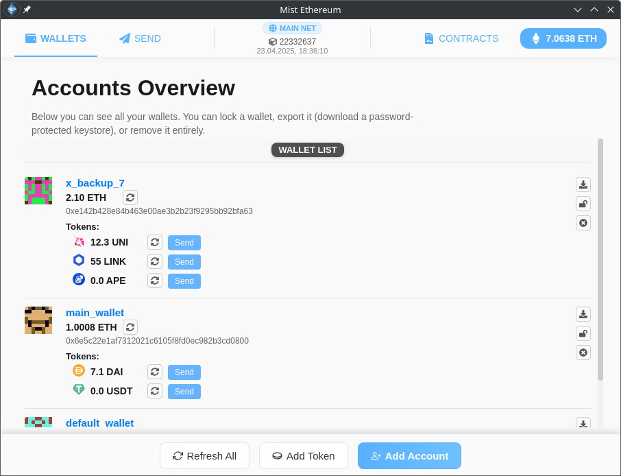 Mist Ethereum Wallet interface showcasing multi-chain support and real-time analytics